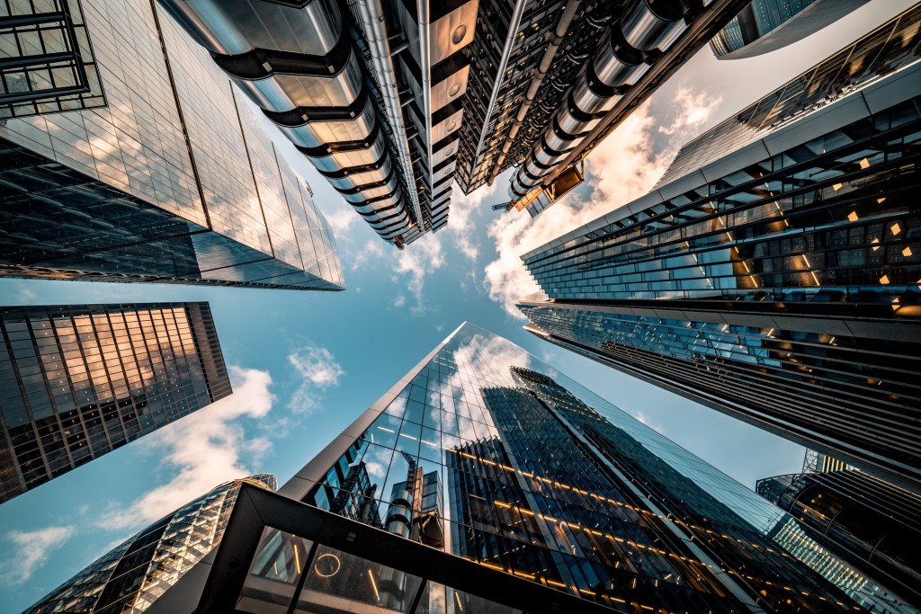 Looking directly up at the skyline of the financial district in central London – stock image buildings in finance district