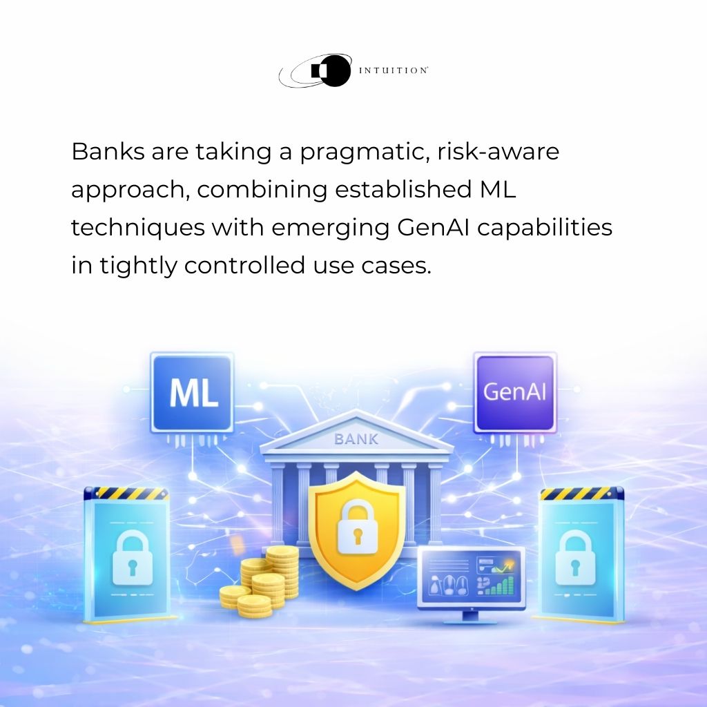 Banks are taking a pragmatic, risk-aware approach, combining established ML techniques with emerging GenAI capabilities in tightly controlled use cases Banks are taking a pragmatic, risk-aware approach, combining established ML techniques with emerging GenAI capabilities in tightly controlled use cases